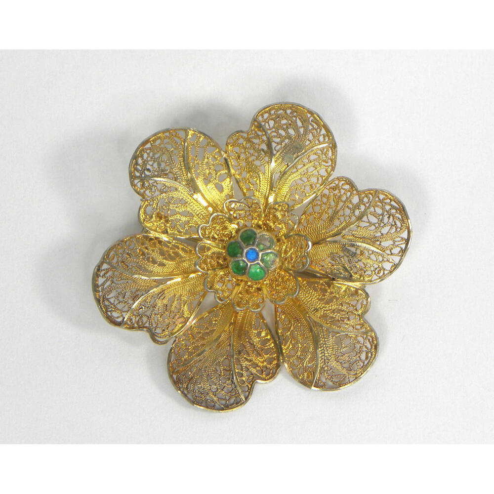 VTG Topazio Cazenovia Sterling Gold Wash Filigree Cannetille Brooch Enamel 1.5"